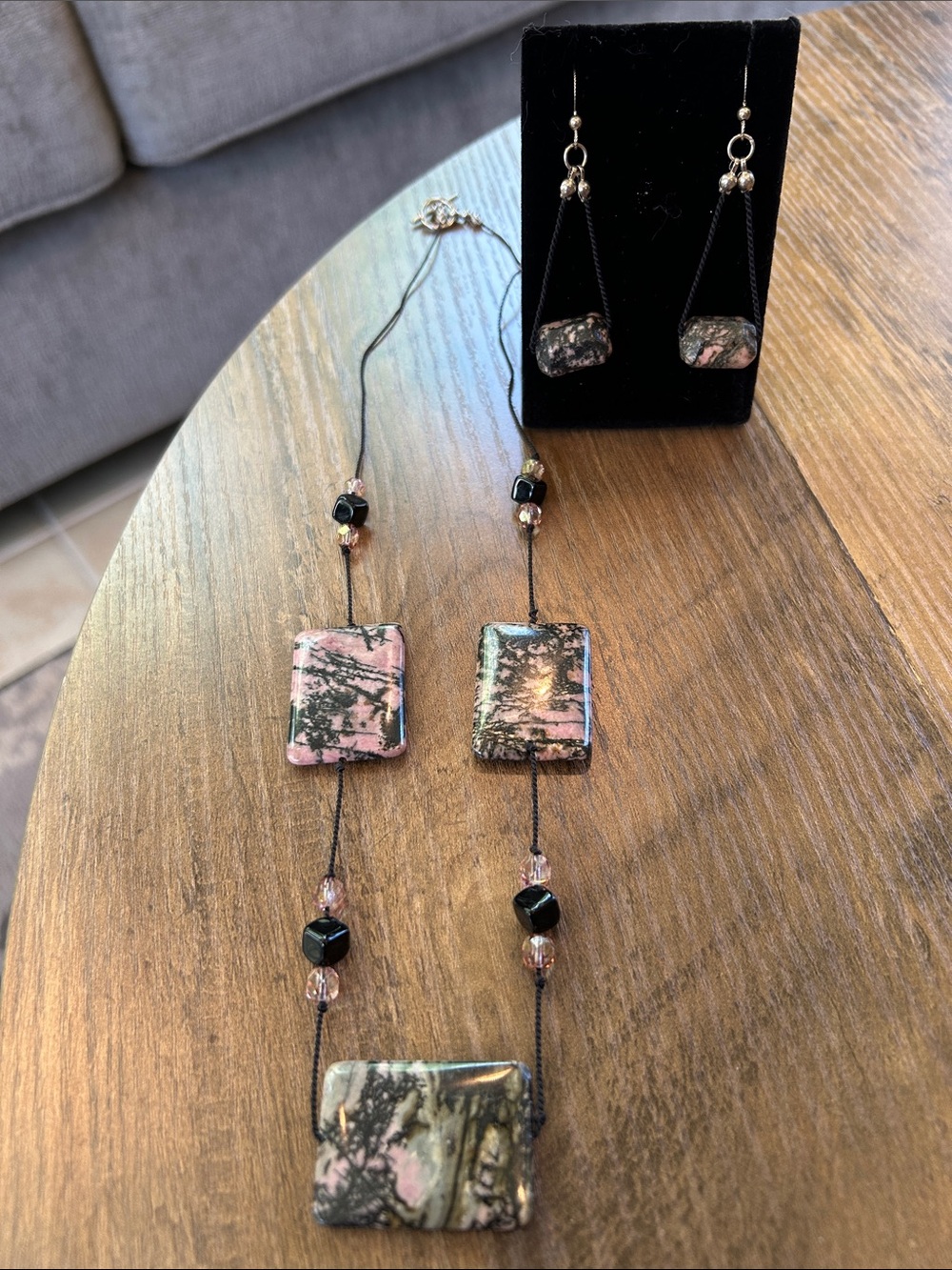 Rhodonite stone necklace and earrings set